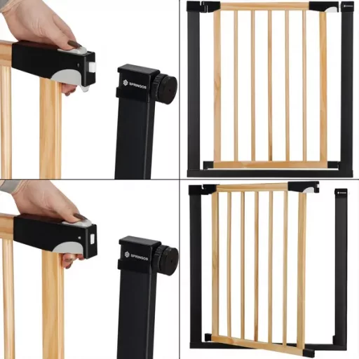 Fa-fém biztonsági babaajtó, 75-82 cm, automatikus záródás, barna/fekete