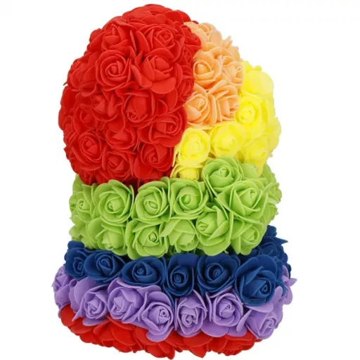 Szivárványos habrózsa maci, 25 cm, díszdobozzal – PE rózsákból