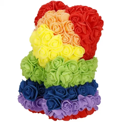 Szivárványos habrózsa maci, 25 cm, díszdobozzal – PE rózsákból