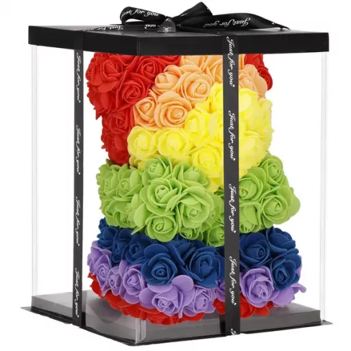 Szivárványos habrózsa maci, 25 cm, díszdobozzal – PE rózsákból