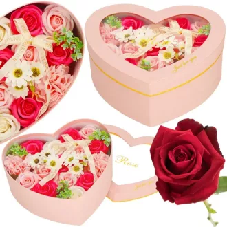   Szappanrózsa ajándékdoboz 24 db, rózsaszín-fehér, szívablak