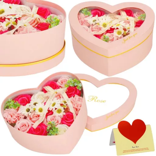 Szappanrózsa ajándékdoboz 24 db, rózsaszín-fehér, szívablak