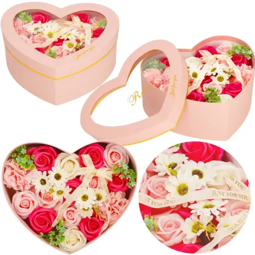 Szappanrózsa ajándékdoboz 24 db, rózsaszín-fehér, szívablak