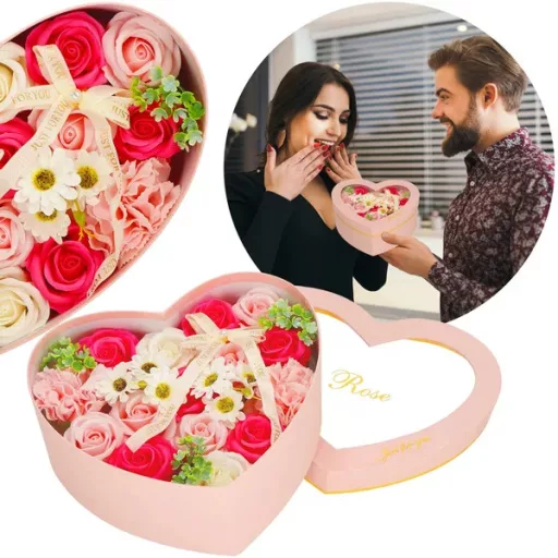 Szappanrózsa ajándékdoboz 24 db, rózsaszín-fehér, szívablak