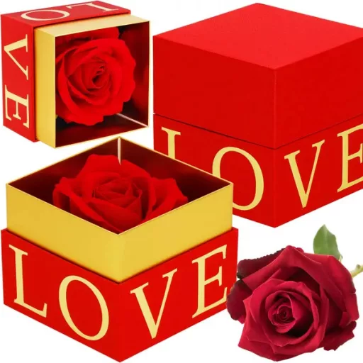 Piros-arany örökrózsa ajándékdobozban, 1 szál, 10×10 cm Springos