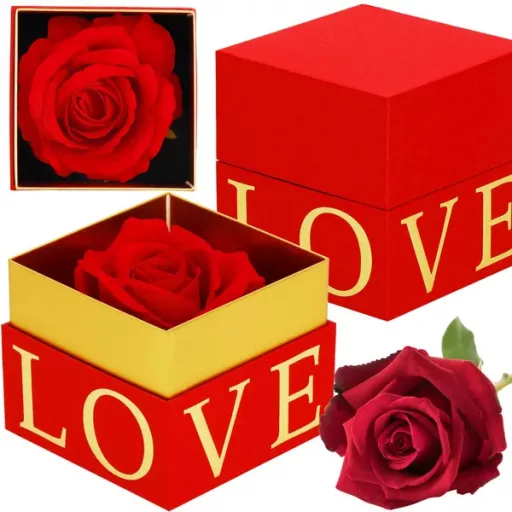 Piros-arany örökrózsa ajándékdobozban, 1 szál, 10×10 cm Springos