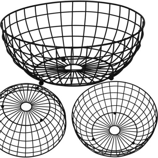 Fekete acél dróthálós tároló kosár, Ø28×11 cm, csúszásgátló talppal