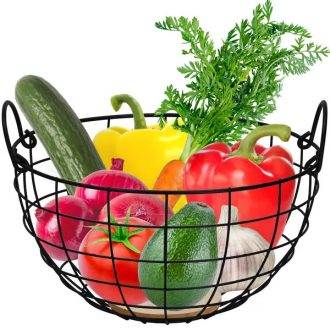 Springos fekete acél tároló kosár fa aljjal, 28×15 cm