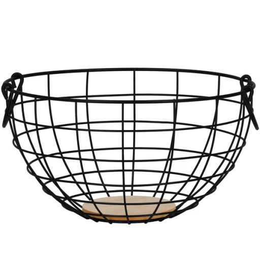 Springos fekete acél tároló kosár fa aljjal, 28×15 cm