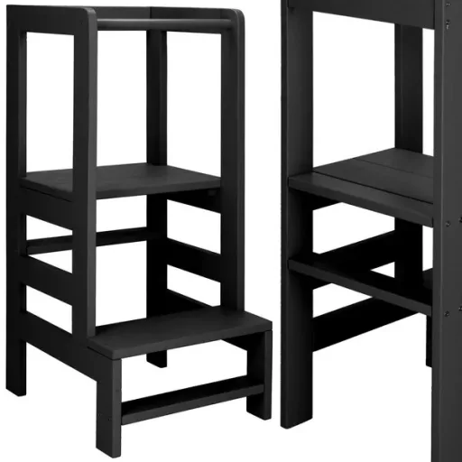 Fekete Montessori fellépő torony, állítható, fenyőfa, 90 cm