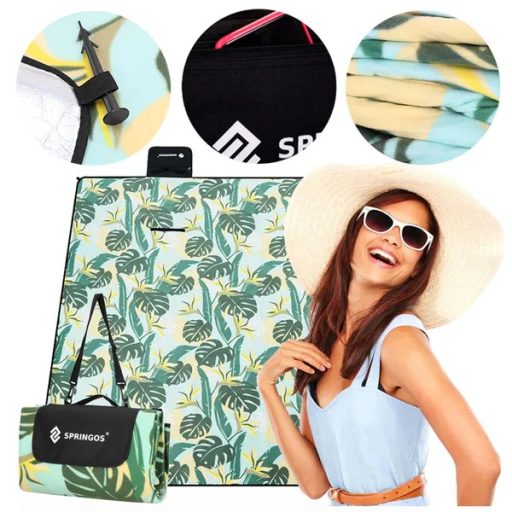 Springos® 200×200 cm piknik pléd, vízálló polár+alumínium, zöld-sárga