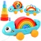 Szivárvány kaméleon húzható Montessori piramis építőjáték, 28 cm