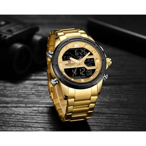 Naviforce NF9138S férfi karóra, fekete-arany, kvarc, fémszíj, díszdoboz