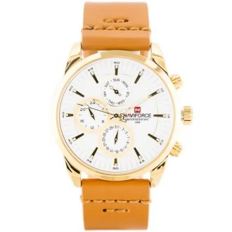   Naviforce NF9148 férfi quartz karóra, arany tok, bőrszíj, 45 mm