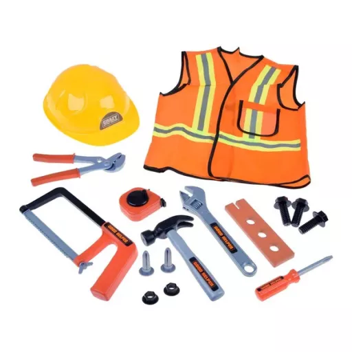 Gyermek építőmunkás jelmez szerszámokkal, mellénnyel és sisakkal
