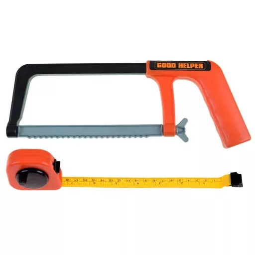 Gyermek építőmunkás jelmez szerszámokkal, mellénnyel és sisakkal