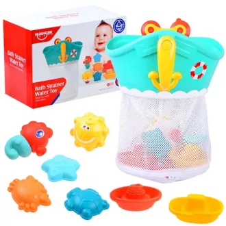   Fürdőjáték hajó szervező tapadókorongos hálóval, 10 színes vízi figurával